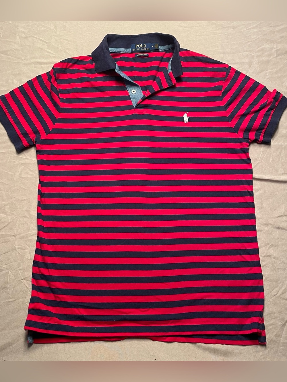 Polo Ralph Lauren Men’s Red & Navy Striped Polo Shirt with White Pony - Slim Fit